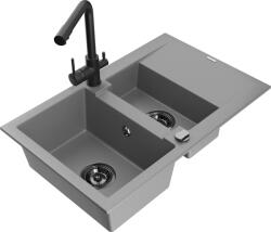 Mexen Gaspar chiuvetă de granit cu 1, 5 camere cu picurător și baterie de bucătărie Duero, gri - 6507-71-671600-70-B (6507-71-671600-70-B)