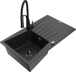 Mexen Cesar chiuvetă de granit cu 1 cameră cu scurgător și baterie de bucătărie Aster, negru/argintiu metalic - 6514-73-73450-70 (6514-73-73450-70-B)