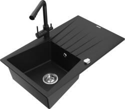 Mexen Cesar chiuvetă de granit cu 1 compartiment cu scurgător și baterie de bucătărie Duero, negru - 6514-77-671600-70 (6514-77-671600-70)