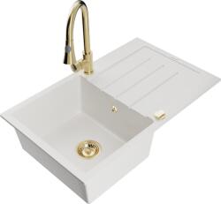 Mexen Bruno chiuvetă de granit cu 1 cuvă și picurător și baterie de bucătărie Elia, albă - 6513-20-670101-50 (6513-20-670101-50)