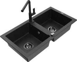 Mexen Mario chiuvetă de granit cu 2 compartimente și cu baterie de bucătărie Flora, negru/or metalic - 6504-75-670401-70-B (6504-75-670401-70-B)