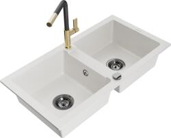 Mexen Mario chiuvetă de bucătărie din granit cu 2 cuve și baterie de bucătărie Flora, albă - 6504-20-670401-57-B (6504-20-670401-57-B)