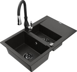 Mexen Gaspar chiuvetă din granit 1, 5 compartimente cu scurgător și baterie de bucătărie Savita, negru/auriu - 6507-75-672601-70- (6507-75-672601-70-B)