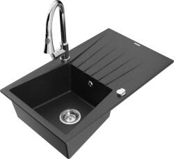 Mexen Cesar chiuvetă de bucătărie din granit cu 1 compartiment și scurgător, cu baterie Elia, negru/argintiu metalizat - 6514-73 (6514-73-670101-00)