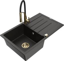 Mexen Bruno chiuvetă de granit cu 1 compartiment cu scurgător și baterie de bucătărie Aster, negru/auriu metalizat (6513-75-73450-57-G)