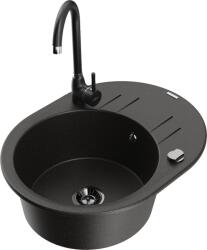 Mexen Kevin chiuvetă de bucătărie din granit cu 1 compartiment cu scurgător și baterie de bucătărie Telma, negru/auriu metalic - (6517-75-670200-70-B)
