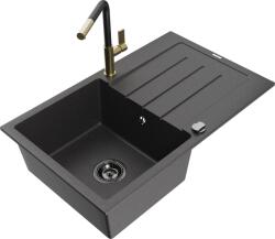 Mexen Bruno chiuvetă de granit cu o cuvă și picurător și baterie de bucătărie Flora, negru cu pete - 6513-76-670401-57-B (6513-76-670401-57-B)
