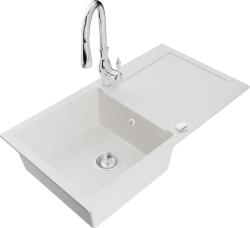 Mexen Leo chiuvetă de bucătărie din granit cu 1 cuvă cu scurgător și baterie Savita, alb - 6501-20-672601-00 (6501-20-672601-00)