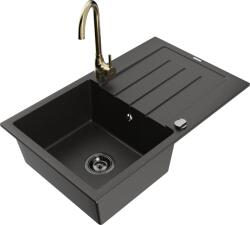 Mexen Bruno chiuvetă de granit cu 1 cuvă cu picurător și baterie de bucătărie Telma, negru/auriu - 6513-75-670200-50-B (6513-75-670200-50-B)