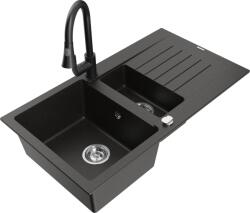 Mexen Matias chiuvetă de granit 1, 5 cuve cu scurgător și baterie de bucătărie Elia, negru/auriu metalic - 6502-75-670101-70 (6502-75-670101-70)