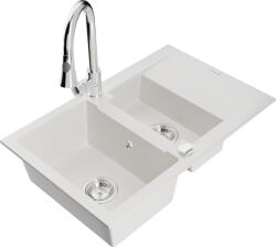 Mexen Gaspar chiuvetă din granit cu 1, 5 compartimente, cu picurător și baterie de bucătărie Elia, albă - 6507-20-670101-00 (6507-20-670101-00)