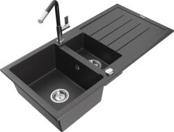 Mexen Andres chiuvetă din granit 1, 5 cuve cu scurgător și baterie bucătărie Flora, negru cu pete - 6515-76-670401-07 (6515-76-670401-07)