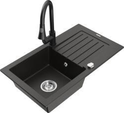 Mexen Pablo chiuvetă de bucătărie din granit cu o cuvă și scurgător și baterie de bucătărie Elia, negru/auriu metalizat - 6510-7 (6510-75-670101-70)