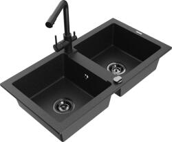 Mexen Mario chiuvetă de granit cu 2 cuve și baterie de bucătărie Duero, negru/argintiu metalic - 6504-73-671600-70-B (6504-73-671600-70-B)
