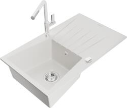 Mexen Cesar chiuvetă de granit cu 1 compartiment, cu picurător și baterie de bucătărie Flora, alb - 6514-20-670401-02 (6514-20-670401-02)