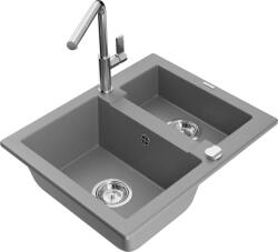 Mexen Carlos chiuvetă de granit cu 1, 5 cuve și baterie de bucătărie Flora, gri - 6518-71-670401-00 (6518-71-670401-00)