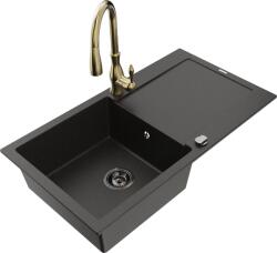 Mexen Leo chiuvetă de granit cu 1 compartiment cu scurgător și baterie de bucătărie Savita, negru/auriu metalic (6501-75-672601-50-B)