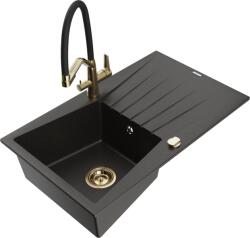 Mexen Cesar chiuvetă de granit cu o singură cuvă, cu scurgător și baterie de bucătărie Duo, negru/auriu metalizat - 6514-75-6717 (6514-75-671701-57-G)