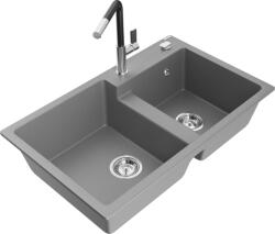 Mexen Tomas chiuvetă de granit cu 2 compartimente cu baterie de bucătărie Flora, gri - 6516-71-670401-07 (6516-71-670401-07)