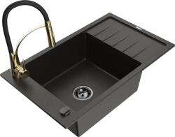 Mexen Elias chiuvetă din granit cu o singură cuvă, cu scurgător și robinet de bucătărie Aster, negru/auriu metalic (6511-75-73450-57-B)