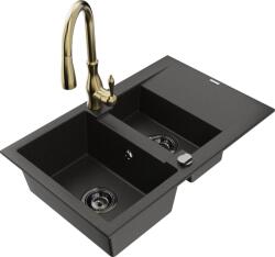 Mexen Gaspar chiuvetă de granit cu 1, 5 cuve cu scurgător și baterie de bucătărie Savita, negru/auriu - 6507-75-672601-50-B (6507-75-672601-50-B)