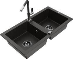 Mexen Mario chiuvetă de bucătărie din granit cu 2 cuve și baterie Flora, negru/auriu metalic - 6504-75-670401-07-B (6504-75-670401-07-B)