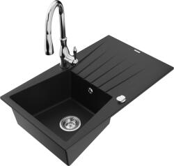 Mexen Cesar chiuvetă de bucătărie din granit cu 1 cuvă și scurgător și baterie de bucătărie Savita, negru (6514-77-672601-00)