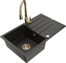 Mexen Bruno chiuvetă de bucătărie din granit cu 1 cuvă, cu scurgător și baterie de bucătărie Savita, negru/auriu (6513-75-672601-50)