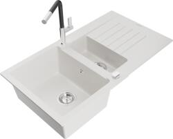 Mexen Matias chiuvetă de bucătărie din granit cu 1, 5 compartimente cu scurgător și baterie Flora, albă - 6502-20-670401-07 (6502-20-670401-07)