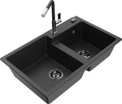 Mexen Tomas chiuvetă de bucătărie granit cu 2 compartimente și baterie de bucătărie Flora, negru/argintiu metalic - 6516-73-6704 (6516-73-670401-07-B)