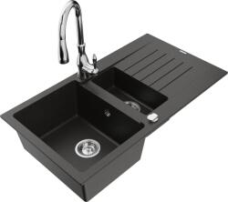 Mexen Matias chiuvetă de granit cu 1, 5 compartimente, cu scurgător și baterie de bucătărie Savita, negru/auriu (6502-75-672601-00)