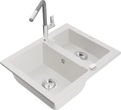 Mexen Carlos chiuvetă de granit cu 1, 5 compartimente cu baterie de bucătărie Flora, alb - 6518-20-670401-06 (6518-20-670401-06)