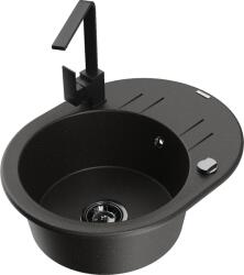 Mexen Kevin chiuvetă de granit cu 1 compartiment, cu picurător și baterie de bucătărie Rita, negru/auriu metalic - 6517-75-67030 (6517-75-670300-70-B)