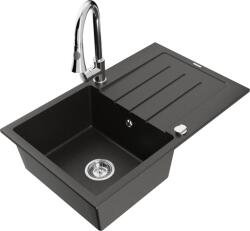 Mexen Bruno chiuvetă de bucătărie din granit cu 1 compartiment cu scurgător și baterie de bucătărie Elia, negru/auriu metalizat (6513-75-670101-00)