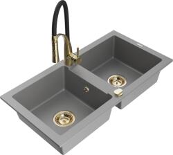 Mexen Mario chiuvetă de bucătărie din granit cu 2 compartimente cu baterie de bucătărie Aster, gri - 6504-71-73450-57-G (6504-71-73450-57-G)