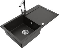 Mexen Leo chiuvetă de granit cu 1 compartiment cu scurgător și baterie de bucătărie Rita, negru/auriu metalic (6501-75-670300-00)
