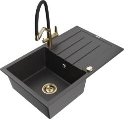 Mexen Bruno chiuvetă de bucătărie granit 1-cameră cu picurător și baterie Duo, negru cu pete - 6513-76-671701-57-G (6513-76-671701-57-G)