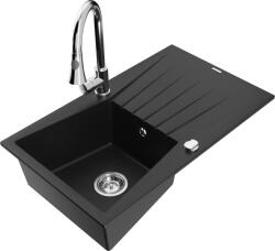 Mexen Cesar chiuvetă de granit cu 1 compartiment și scurgător și baterie de bucătărie Elia, negru - 6514-77-670101-00 (6514-77-670101-00)