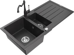 Mexen Andres chiuvetă de granit cu 1, 5 cuve cu picurător și baterie de bucătărie Carla, negru punctat - 6515-76-670700-76 (6515-76-670700-76)
