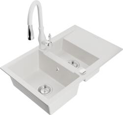 Mexen Gaspar chiuvetă de granit cu 1, 5 compartimente cu scurgător și baterie de bucătărie Savita, albă - 6507-20-672601-20 (6507-20-672601-20)