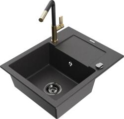 Mexen Enzo chiuvetă de granit cu un compartiment, cu picurător și baterie de bucătărie Flora, Negru cu picățele - 6506-76-670401 (6506-76-670401-57-B)