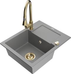 Mexen Enzo chiuvetă de granit cu 1 compartiment cu picurător și baterie de bucătărie Elia, gri - 6506-71-670101-50 (6506-71-670101-50)
