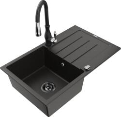 Mexen Bruno chiuvetă de granit cu 1 compartiment cu scurgător și baterie de bucătărie Savita, negru/auriu metalizat (6513-75-672601-70-B)