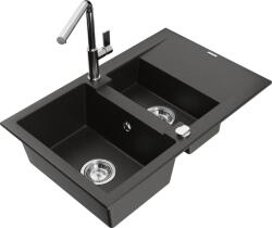 Mexen Gaspar chiuvetă de granit cu 1, 5 compartimente cu uscător și baterie de bucătărie Flora, negru/auriu metalic (6507-75-670401-00)