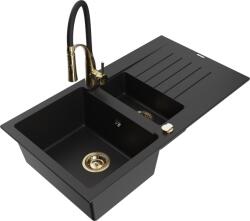 Mexen Matias chiuvetă de granit cu 1, 5 cuve și scurgător, cu baterie de bucătărie Aster, negru - 6502-77-73450-57-G (6502-77-73450-57-G)