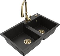 Mexen Tomas chiuvetă din granit cu 2 compartimente cu baterie de bucătărie Savita, negru/auriu metalic - 6516-75-672601-50 (6516-75-672601-50)