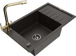 Mexen Chiuvetă de bucătărie granit Mexen Elias cu 1 compartiment cu scurgător și baterie Duero, negru/auriu metalic - 6511-75-671600-5 (6511-75-671600-50-B)