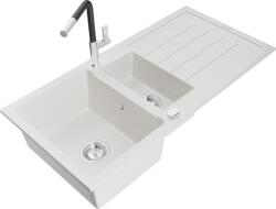 Mexen Andres chiuvetă de granit cu 1, 5 compartimente cu scurgător și baterie de bucătărie Flora, albă - 6515-20-670401-07 (6515-20-670401-07)