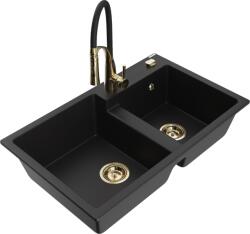 Mexen Tomas chiuvetă de granit cu 2 compartimente cu baterie de bucătărie Aster, negru - 6516-77-73450-57-G (6516-77-73450-57-G)