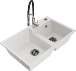 Mexen Tomas chiuvetă de granit cu 2 compartimente și baterie de bucătărie Aster, alb - 6516-20-73450-07-B (6516-20-73450-07-B)